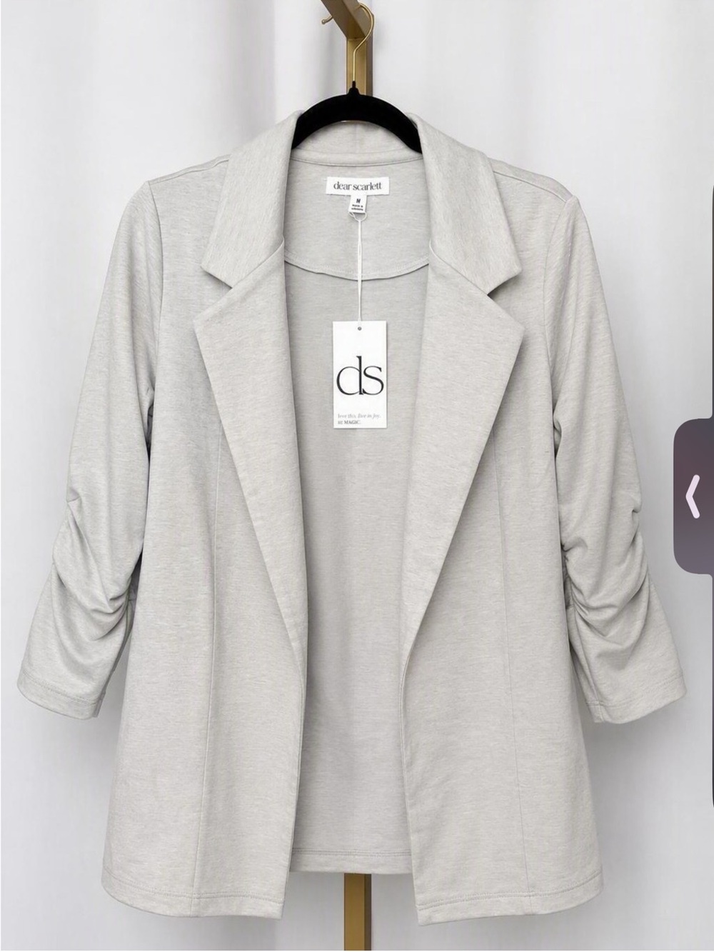 dear Scarlett Light Gray Open-Front Blazer with Ruched Sleeves